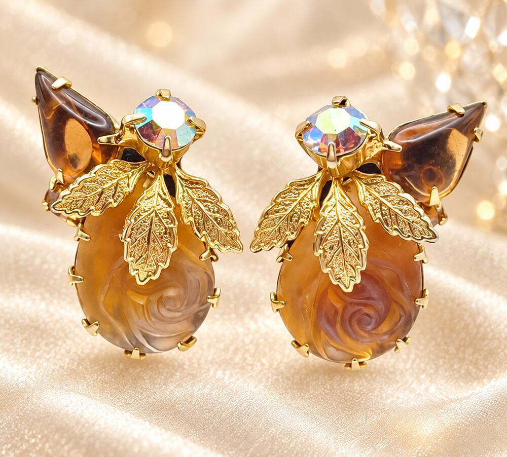 Vintage Juliana D&E Topaz Rose Molded Art Glass AB Rhinestone Clip Earrings